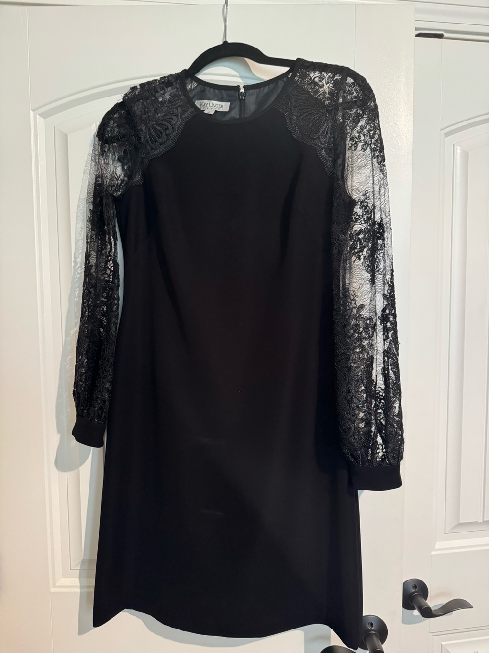 Kay Unger Black Lace Long Sleeve Shift Dress with Sheer Sleeves